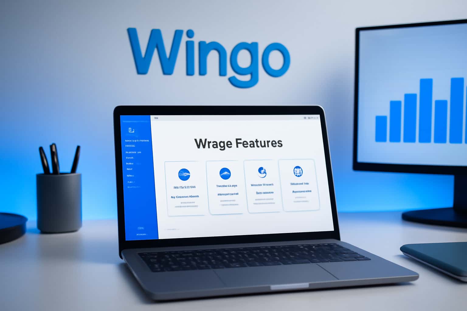 An illustration representing Wingo Features with the text 'Wingo' in a futuristic style.